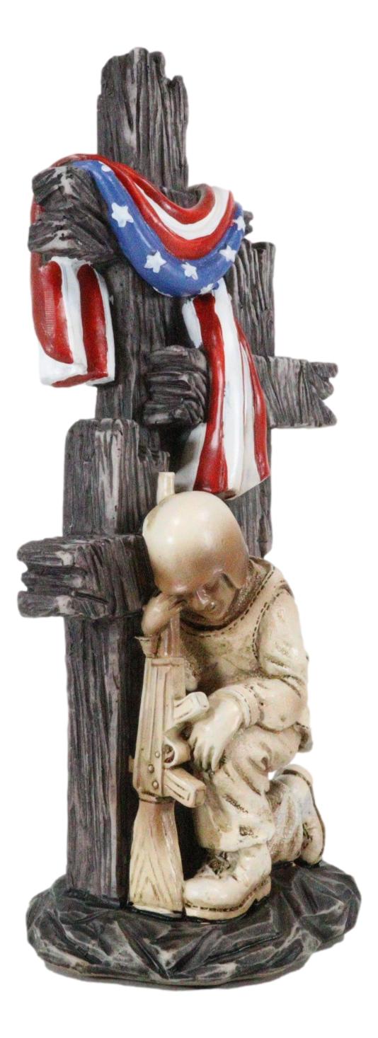Kneeling Soldier In Prayer By 3 Rugged Crosses American Flag Memorial Figurine - Ebros Gift
