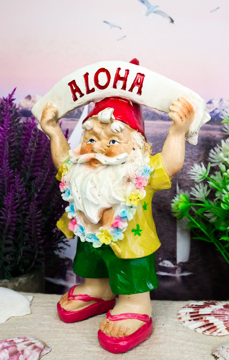 Ebros Free Spirited Hippie Hawaii Themed Vacation Fairy Garden Gnome Holding Aloha Banner Figurine DIY Mr Gnomes Collection Statue Home Decor