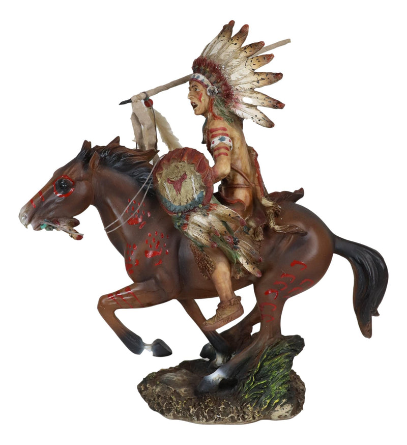 Indian Chief Eagle Warrior War Headdress On Horse Throwing Spear Figurine 13"H