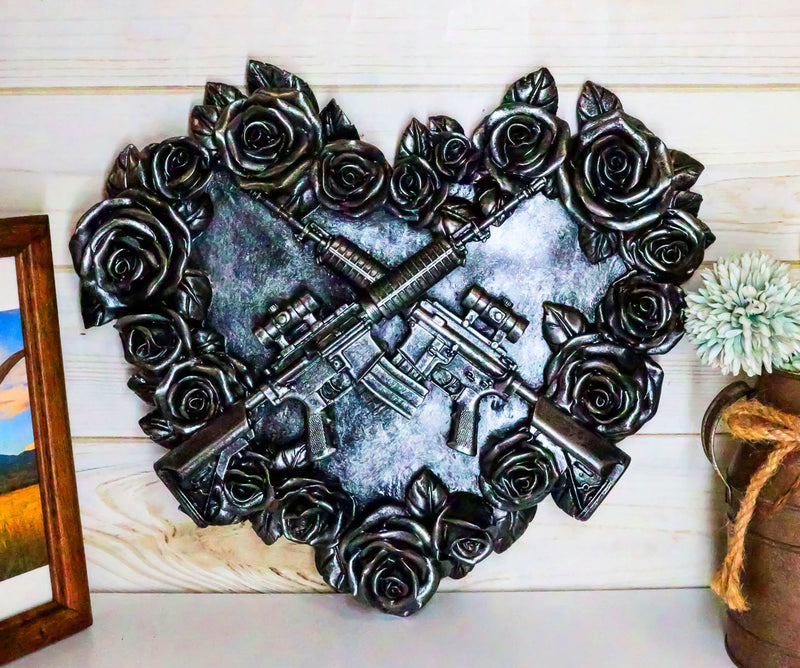 Gunmetal Roses and Rifle Guns Heart Shape Gothic Wall Decor Art Plaque Figurine