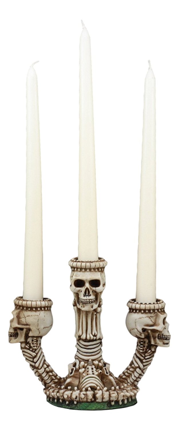 Ebros Trio Ossuary Graveyard Skulls & Skeleton Bones Candelabra Candle holder - Ebros Gift