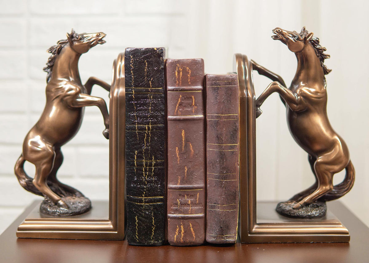Two Fine Horses Standing On Hind Legs Bookends Bronze Electroplated Figurine - Ebros Gift