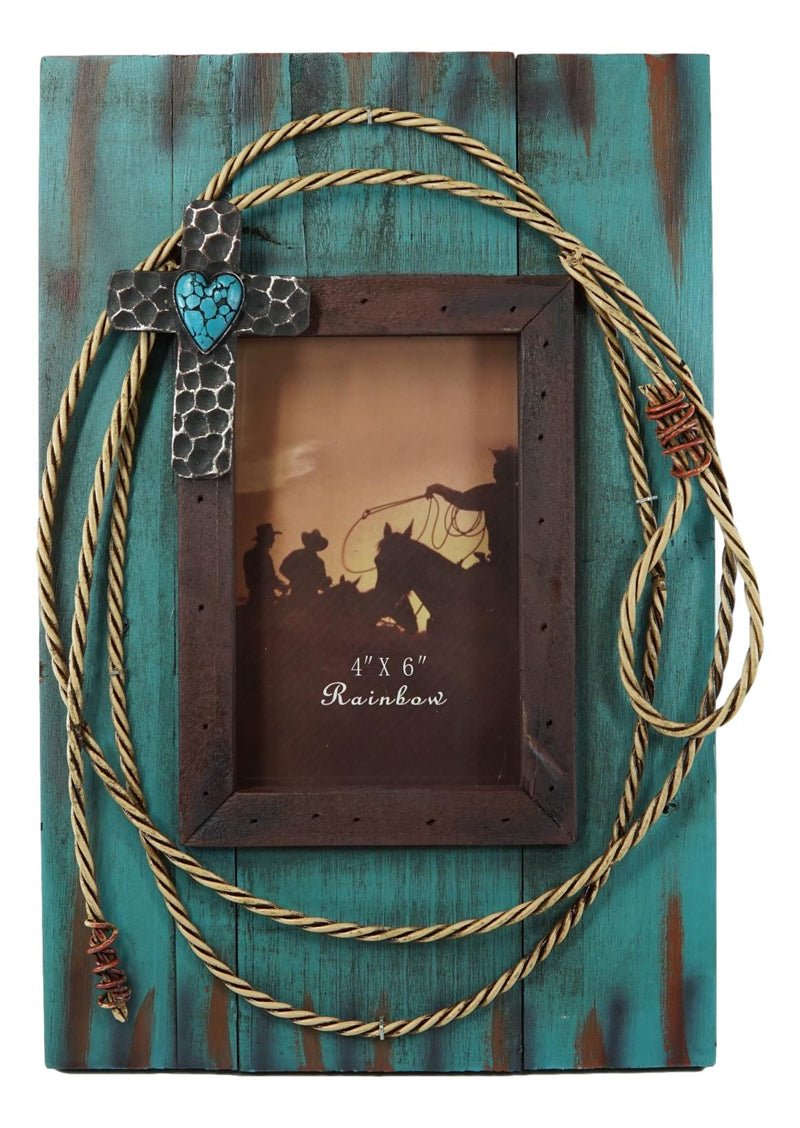 Rustic Western Cowboy Turquoise Barn Wood With Lasso Rope and Cross Photo Frame