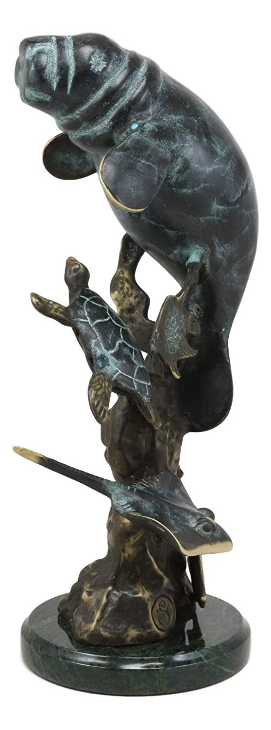 Ebros Gift Brass Metal Nautical Manatee Sea Cow with Turtle Stingray and Fishes Statue