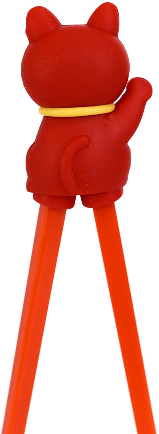 Ebros Red Maneki Neko Cat Reusable Training Chopsticks Set With Silicone Helper