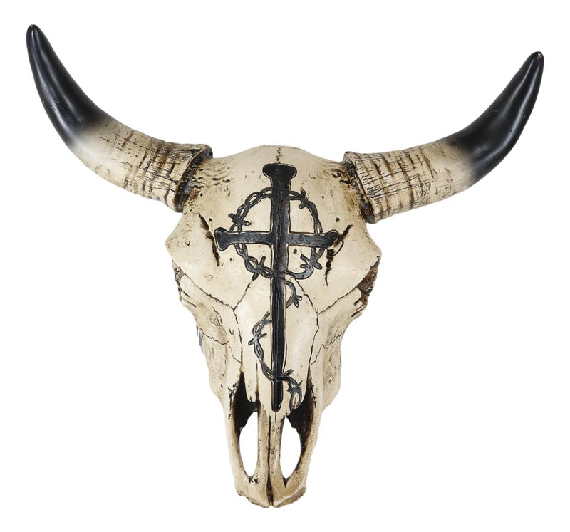 12"W Rustic Nail Spikes And Crown Of Thorns Cross Bison Bull Skull Wall Plaque