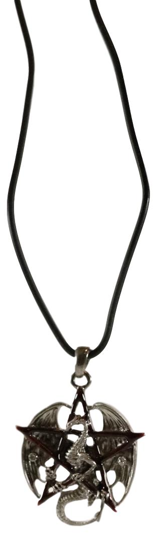 Gothic Red Pentagram Star Dragon Pendant Pewter Necklace Fantasy Mythical Legend - Ebros Gift