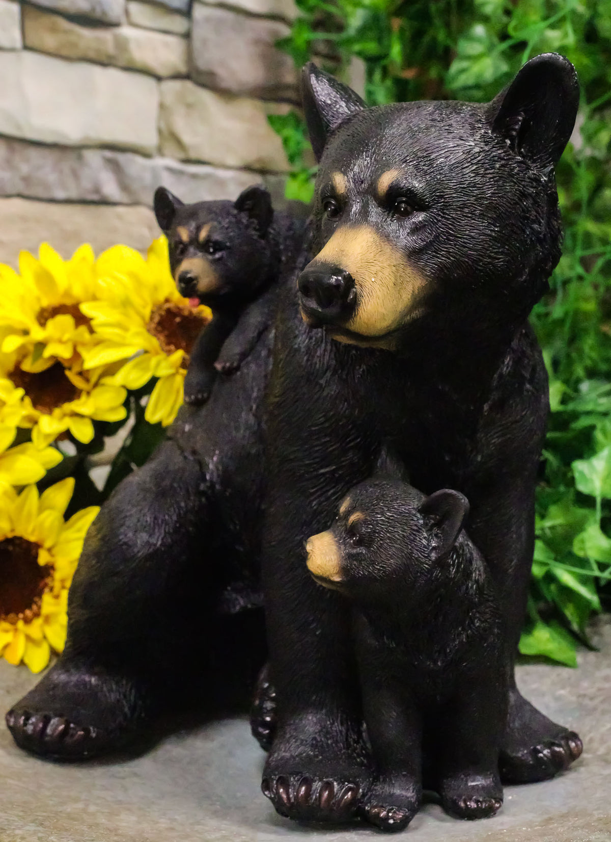 Large Realistic Forest Mother Black Bear With 2 Cubs Family Statue 12.25"Long