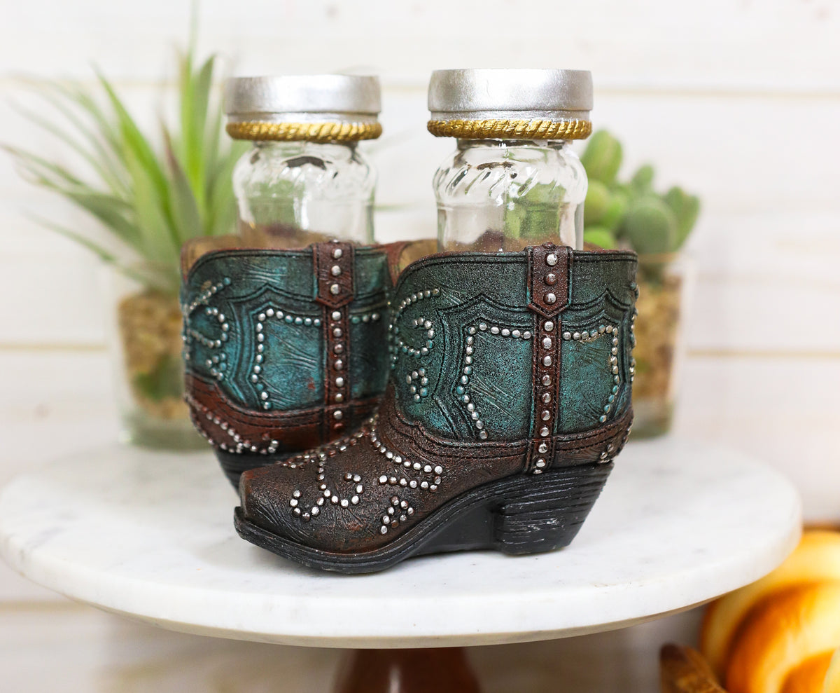 Ebros Fancy Beads Turquoise Pair Of Cowgirl Boots Salt and Pepper Shakers Holder Set