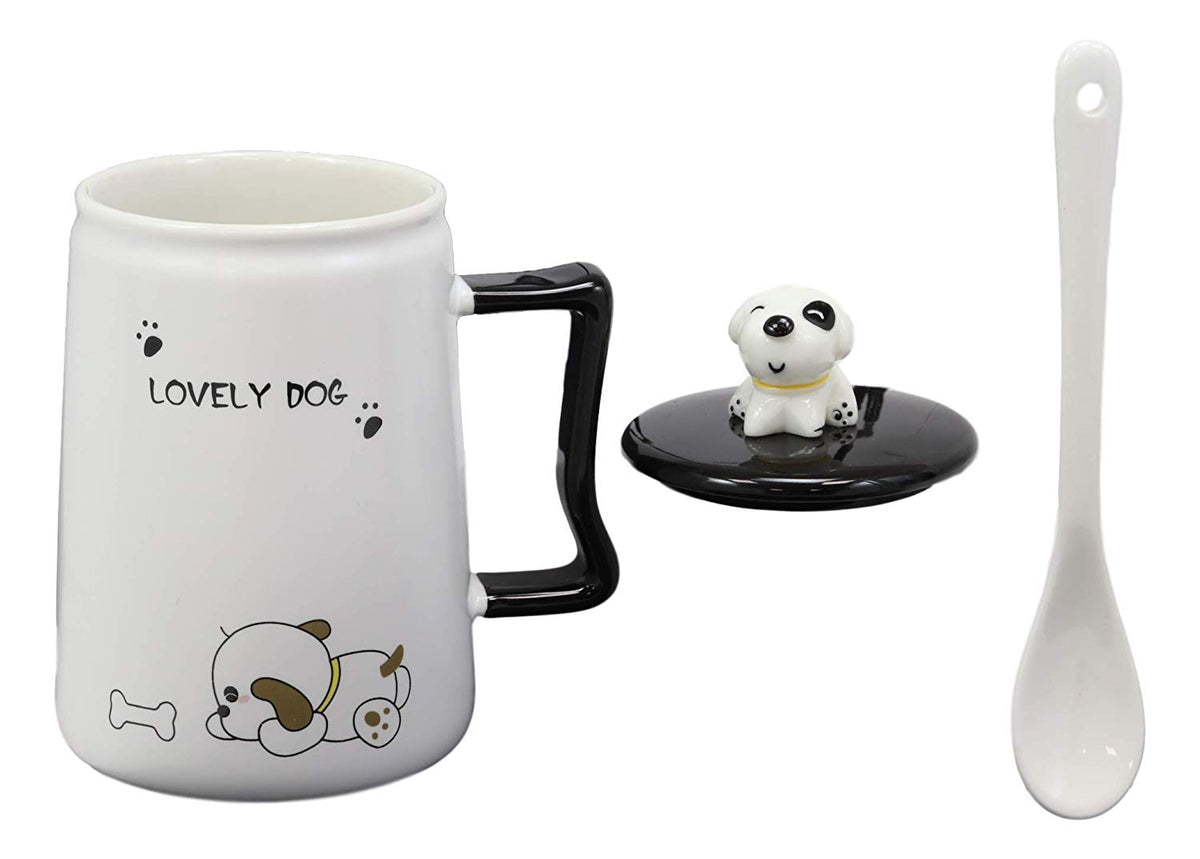 Ebros Pet Pal Lovely Puppy Tramp Dog Chasing Bone Ceramic Coffee Tea Mug Drink Cup With Spoon And Lid 15oz Animal Dogs Or Puppies Decor Collectible Kitchen Accessory For Kids and Adults