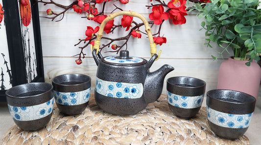 Ebros Japanese Design Cherry Petals Charcoal Grey Ceramic Tea Pot & Cups Set Serves 4