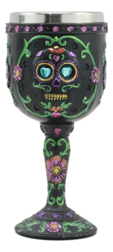 Ebros Day of The Dead Ossuary Wedding Black Sugar Skull Wine Goblet 7oz Chalice