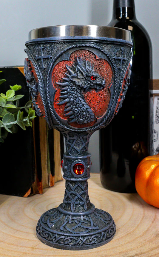 Ebros Celtic Knotwork Tattoo Dragon Wine Drink Chalice Figurine 8oz W/ Red Gems