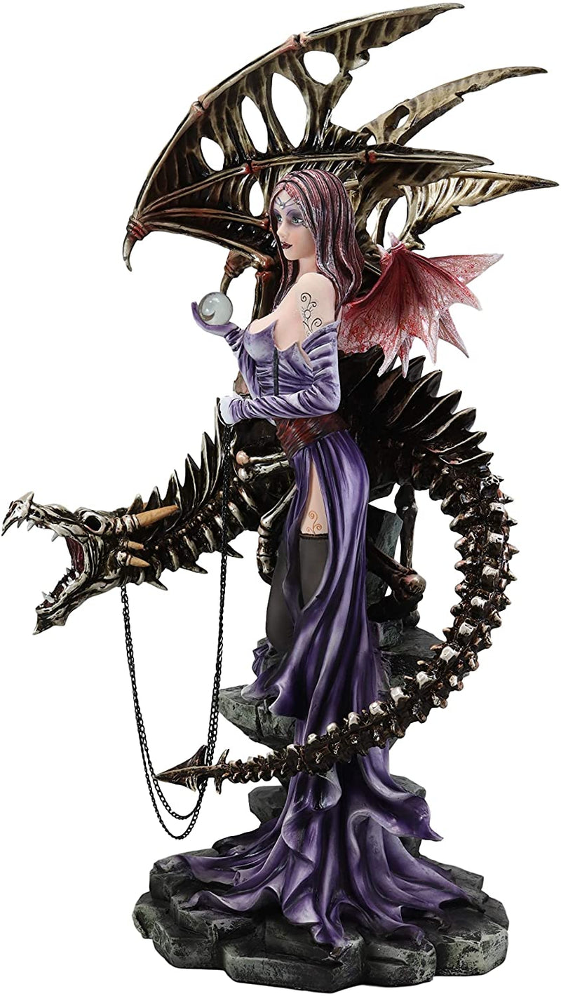 Large 26"H Gothic Soothsayer Psychic Fairy & Bone Skeletal Ghost Dragon Statue