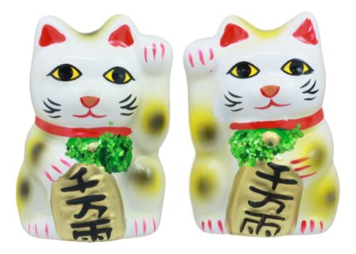 Ebros Japanese Luck and Fortune Charm White Beckoning Cat Maneki Neko Ceramic Figurines Set of 2 with Right and Left Paws Feng Shui Lucky Energy Cats Collectible Statues