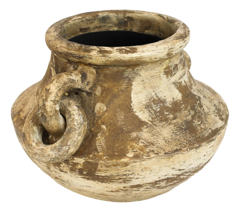 Vintage Earthenware Rustic Distressed Terracotta Vase Pot W/ Decorative Handles