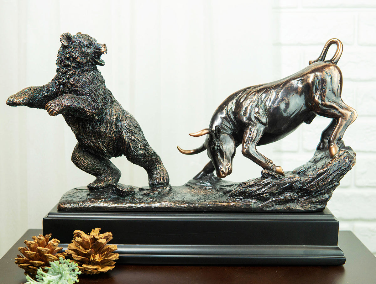 Wall Street Stock Market Signature Charging Bull With Conceding Bear Statue - Ebros Gift