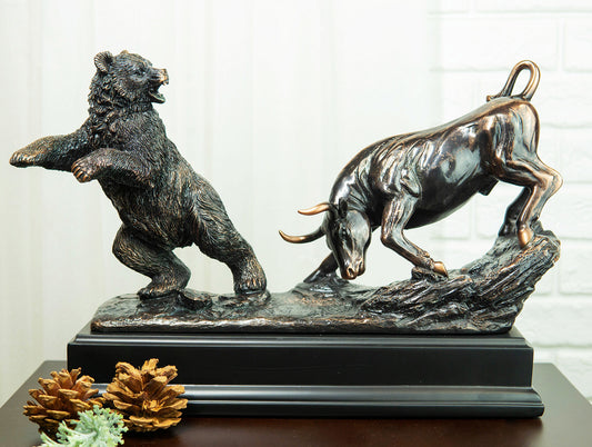 Wall Street Stock Market Signature Charging Bull With Conceding Bear Statue - Ebros Gift