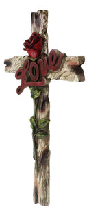 Rustic Western Faux Wooden Inspirational Love With Red Rose Stalk Wall Cross