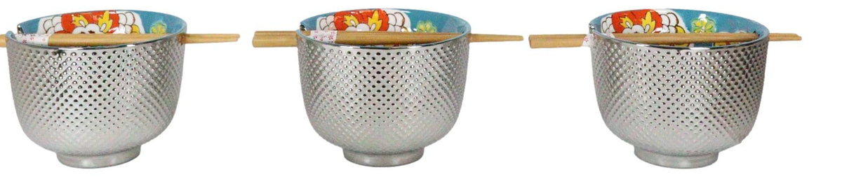Set of 3 Luxury Ottoman Silver Plated Ramen Bowls Chopsticks Turquoise Flowers