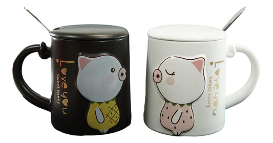 Ebros Pack Of 2 Valentines Love Pigs Black And White Coffee Mugs With Lid & Spoon 14oz - Ebros Gift