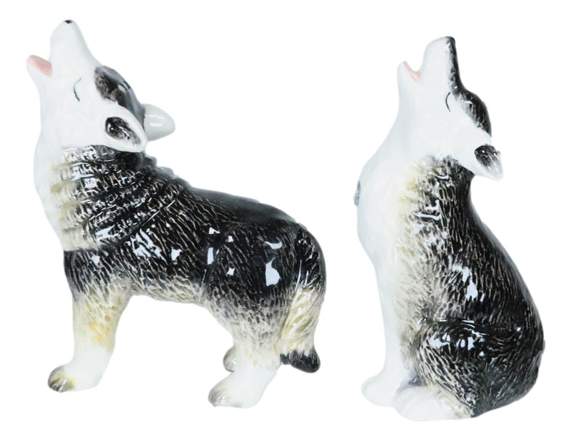 Woodlands Spirit Gray Wolf Pups Moon Howling Ceramic Salt And Pepper Shakers Set