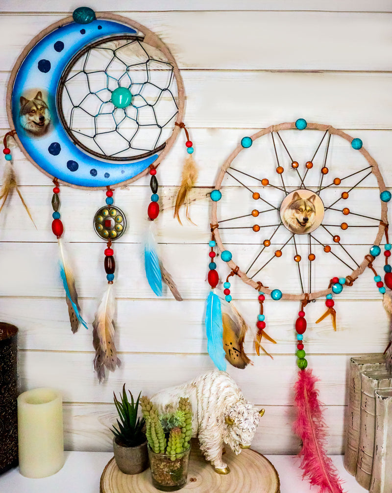 Set Of 2 Southwestern Indian Boho Chic Moon Gray Wolf Feather Wall Dreamcatchers