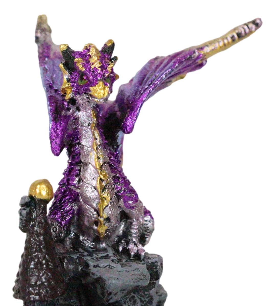 Metallic Golden Purple Dragon Guarding Castle Tower On Mountain Cliff Figurine
