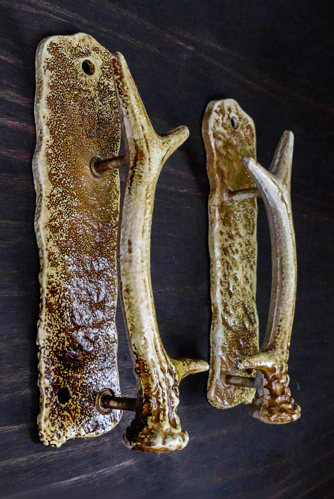 Ebros Set of 2 Western Rustic Speckled Deer Antlers Door Pull Handle Hardware Bars
