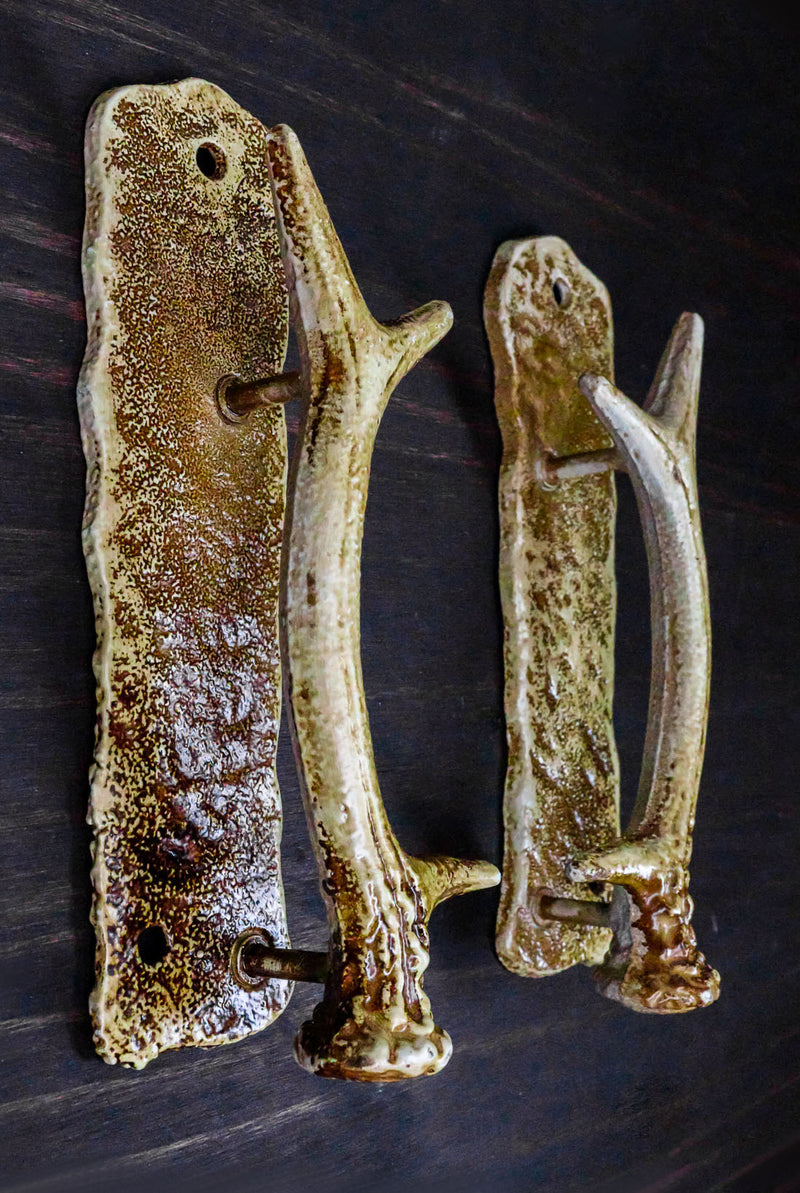 Ebros Set of 2 Western Rustic Speckled Deer Antlers Door Pull Handle Hardware Bars