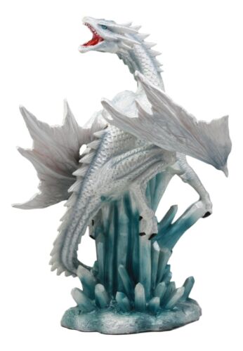 Ebros White Arctic Snow Winter Dragon On Giant Crystal Ice Rocks Statue Frozen Realm