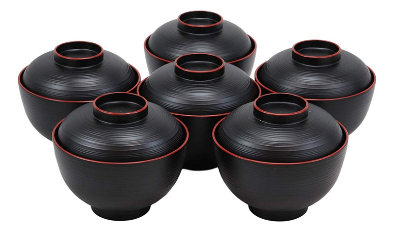 Made In Japan Traditional Black Red Lacquer Plastic Bowls With Lid Set Pack of 6
