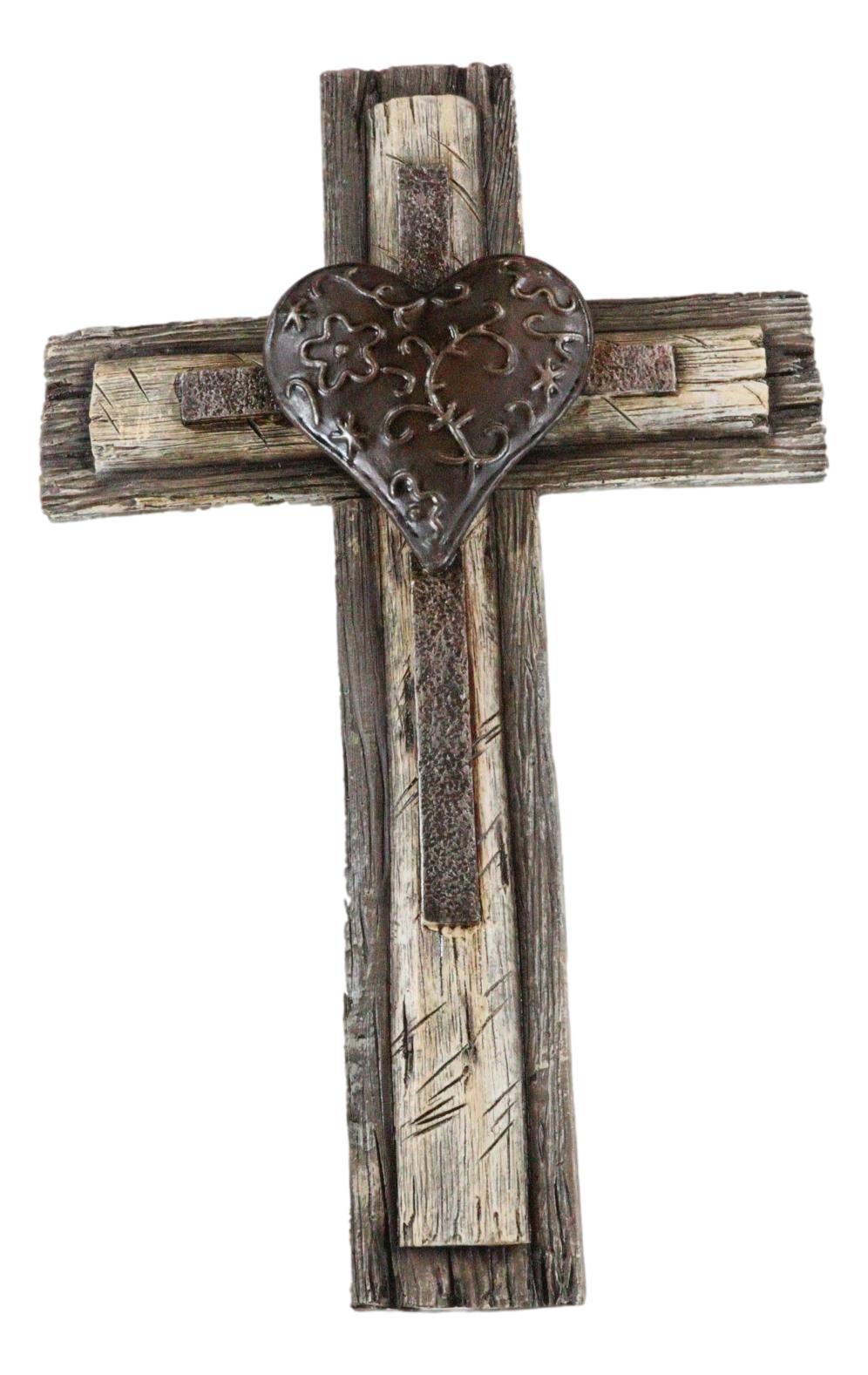 Rustic Western Tooled Metal Heart Faux Wooden Layered Wall Cross Decor Plaque
