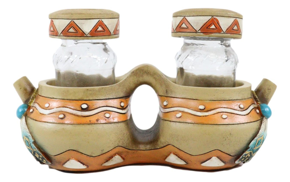 Southwest Indian Turquoise Feathers Pottery Jars Salt And Pepper Shakers Holder - Ebros Gift