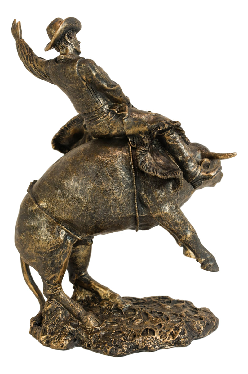 Old World Rustic Western Cowboy Riding A Rearing Angry Bull Rodeo Statue 10"H