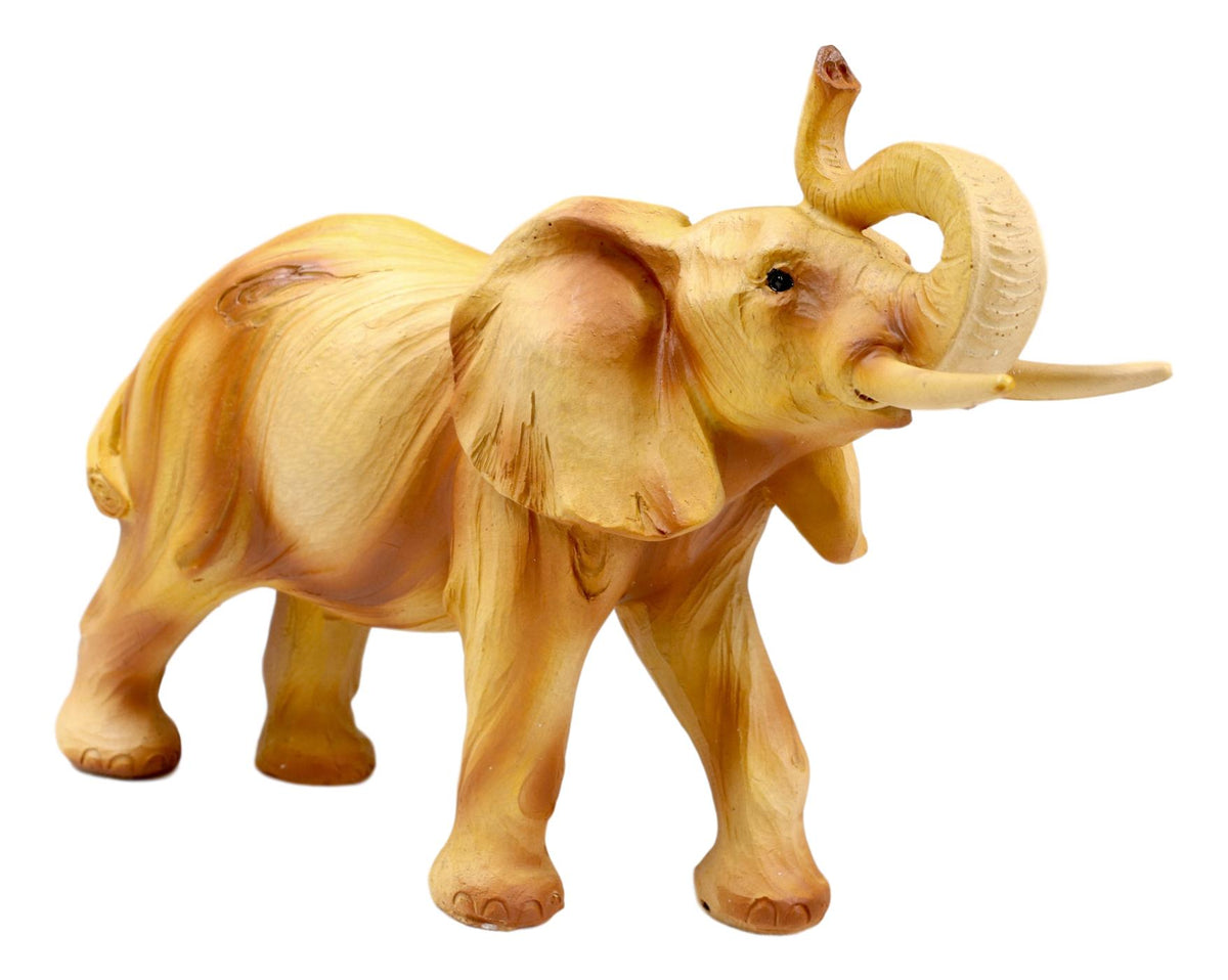 Safari Savannah Landscape Majestic Elephant With Trunk Up Faux Wood Figurine - Ebros Gift