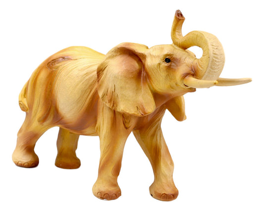 Safari Savannah Landscape Majestic Elephant With Trunk Up Faux Wood Figurine - Ebros Gift