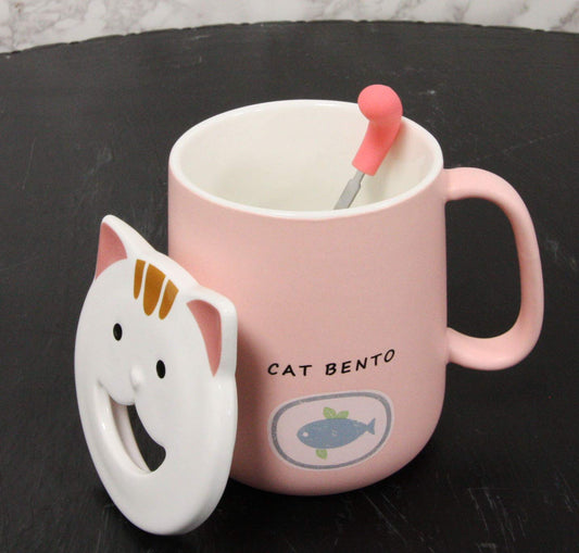 Ebros Coffee Mug Cup With Handle Spoon And Lid 14oz Cats Mugs (Pastel Pink) - Ebros Gift
