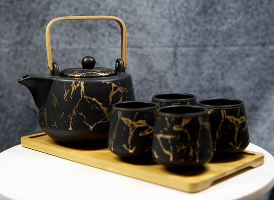 Black Faux Marble With Gold Veins Ceramic Tea Pot And Cups With Tray Set For 4 - Ebros Gift
