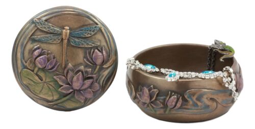 Ebros Nouveau Dragonfly Flitting Lily Over The Pond Round Jewelry Box Figurine
