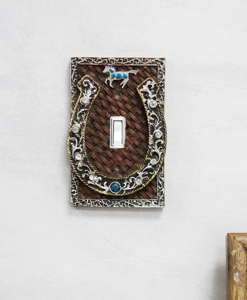 Set of 2 Western Horseshoe Turquoise Mustang Wall Single Toggle Switch Plate