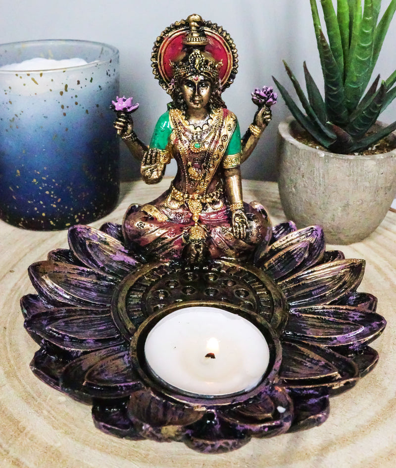 Hindu Goddess Sri Lakshmi On Lotus Padma Flower Votive Candle Holder Figurine