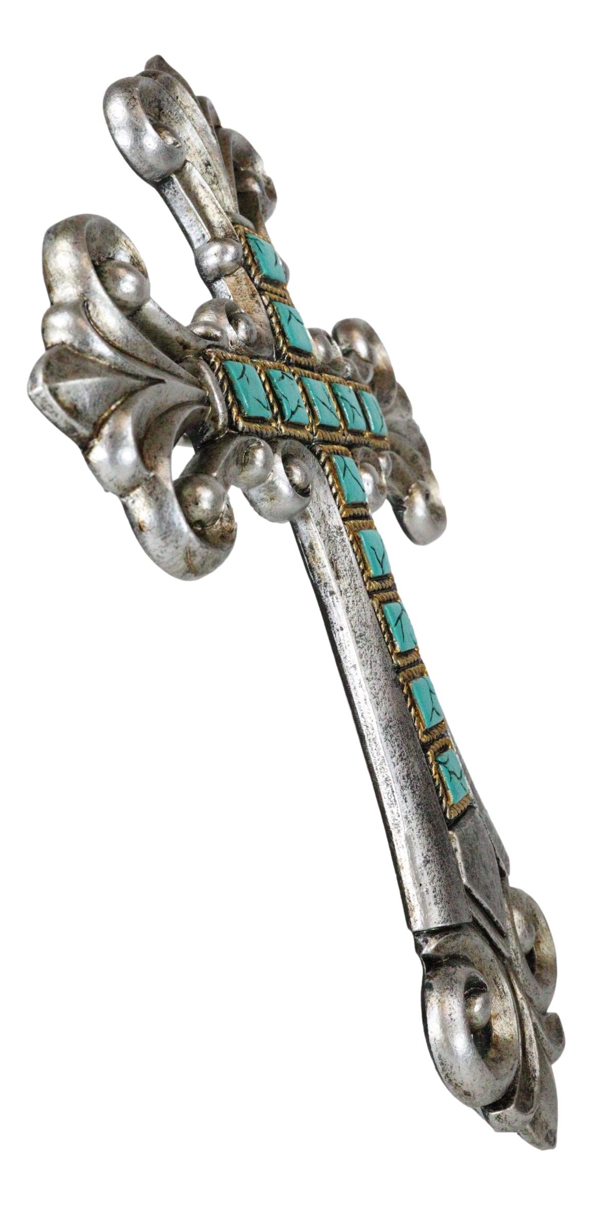 Southwestern Silver Tuscan Fleur De Lis Scrollwork Turquoise Rocks Wall Cross - Ebros Gift