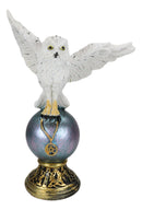 Gothic Snowy Owl Talisman Pentagram Pendant Perching On Gazing Ball Orb Figurine
