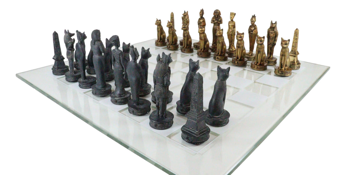Ebros Egyptian Gods Monuments King Tut & Nefertiti Chess Pieces With Glass Board Set