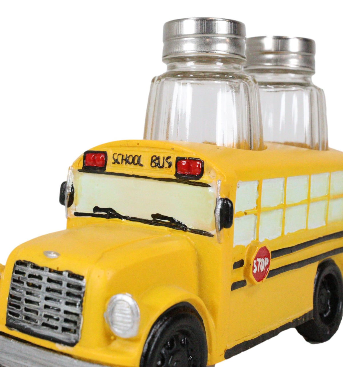 Ebros Yellow School Bus Decorative Glass Salt Pepper Shakers Holder Resin 6"L