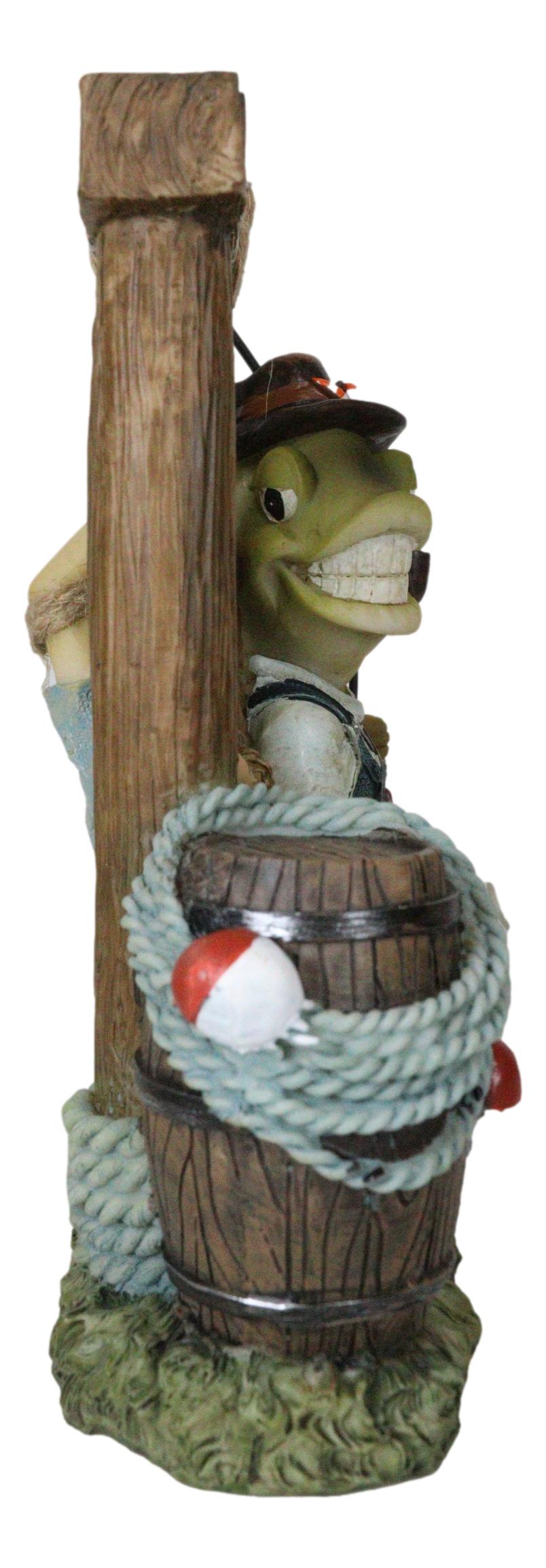 Bait And Tackle Wharf Sea Bass Fish With Fishing Pole Tied Up Fisherman Figurine - Ebros Gift