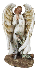 Inspirational Memorial Kneeling Soldier With Guardian Angel Praying Figurine