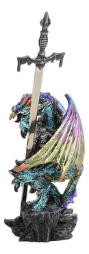 Ebros Aurora Borealis Elemental Dragon With Armor And Long Sword Letter Opener Statue