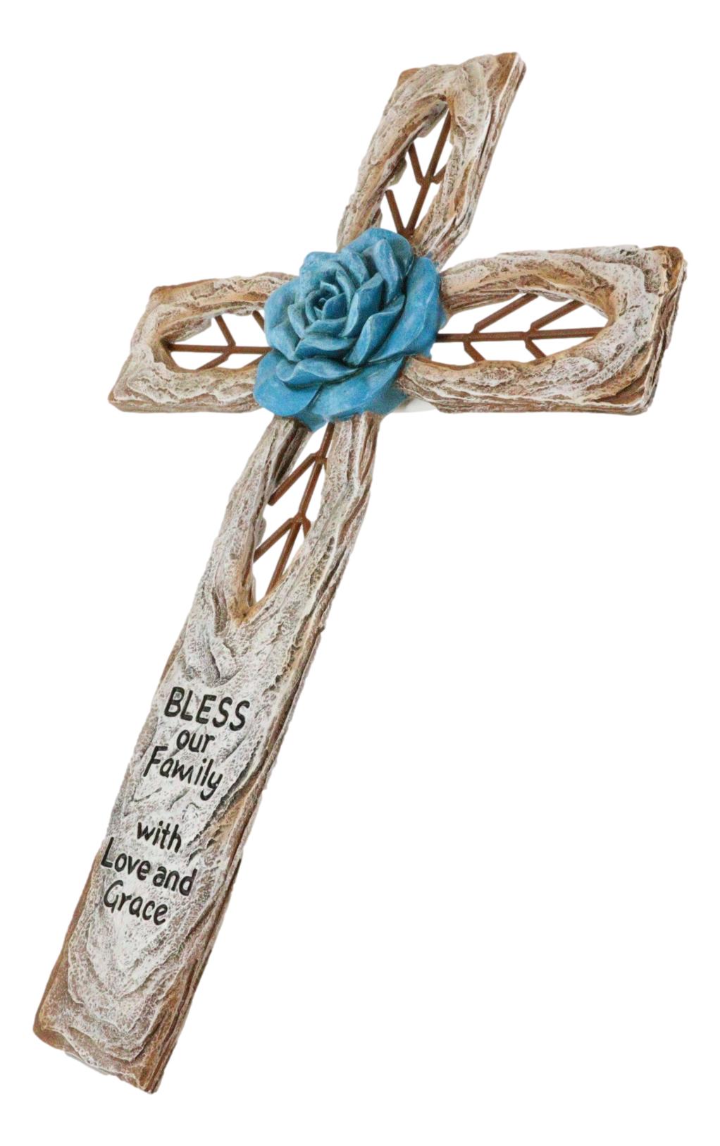 Rustic Aqua Blue Rose Flower Bless Our Family With Love And Grace Wall Cross